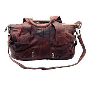 Andrew Marc Brown Leather Duffel Satchel Shoulder Tote Top Zip Closure Purse